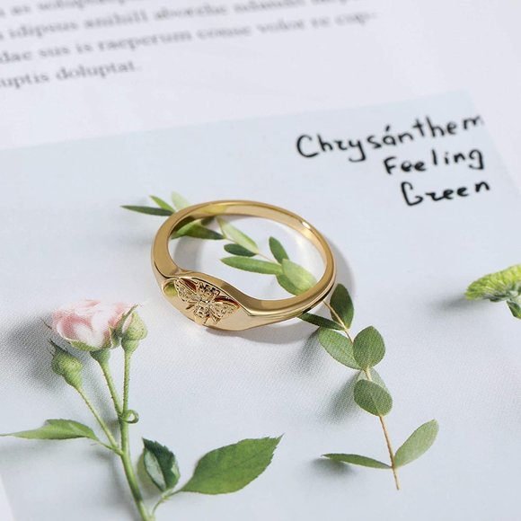 14K Gold Signet Rings for Women Bee Handmade Rings - Picture 3 of 6